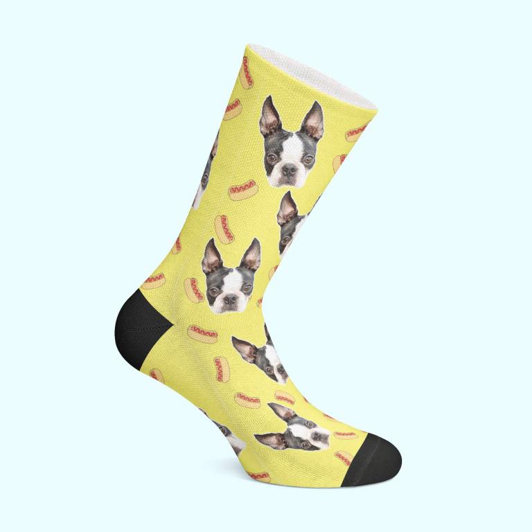 Custom dog face socks with hot dogs on them