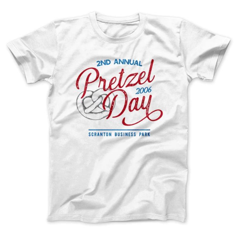 white pretzel day shirt from the Office