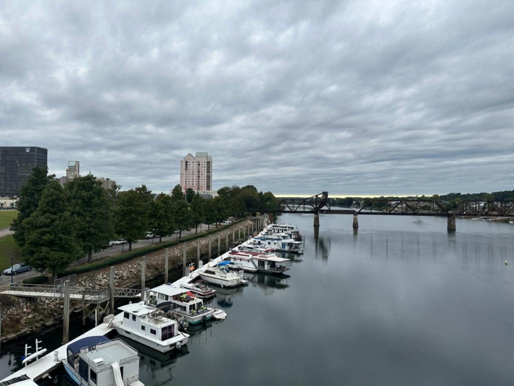 view of downtown Augusta - With the water and boats - bee's knees sign