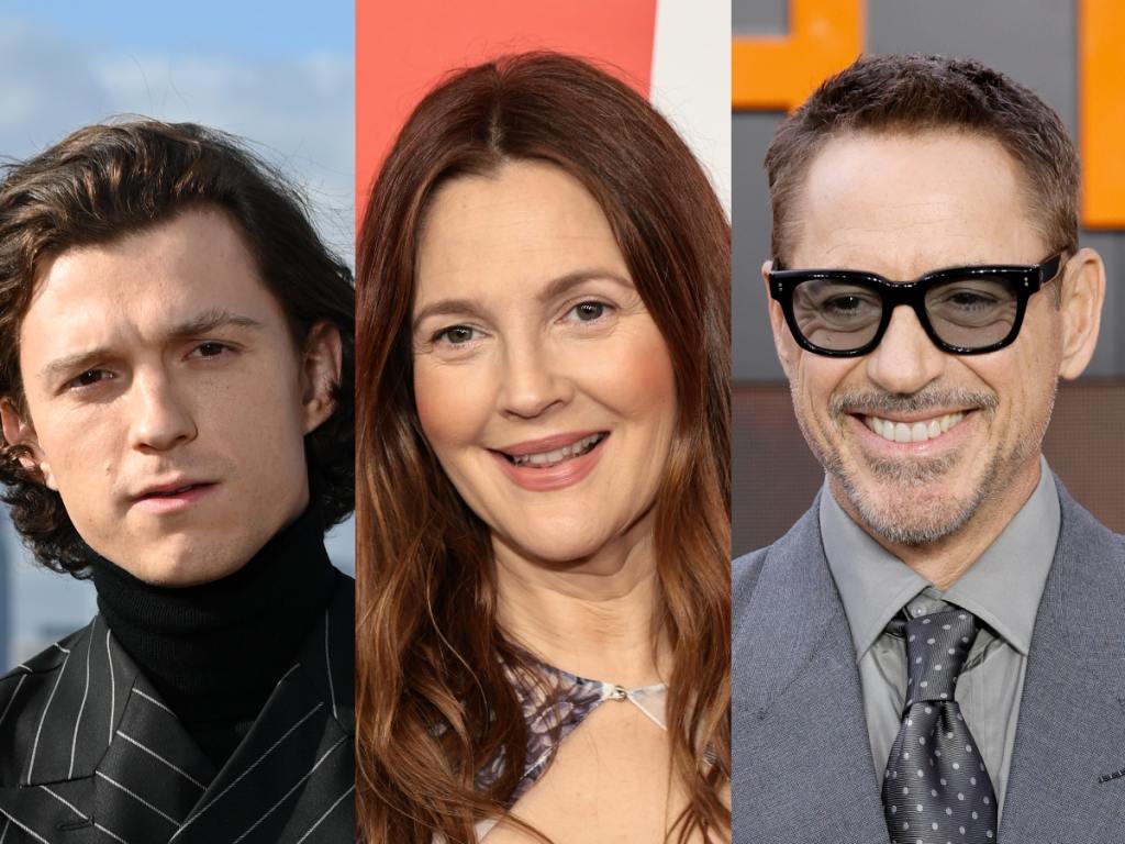 Tom Holland attends the "Uncharted" photocall wearing a black turtleneck under a striped blazer, Drew Barrymore attends the 2023 Time100 Gala smiling, Robert Downey Jr attends the "Oppenheimer" UK Premiere smiling wearing a grey suit, Celebrity Sobriety Journeys.