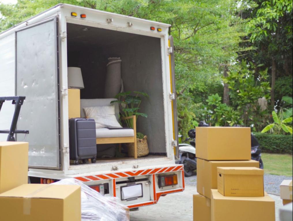 Moving truck and boxes.