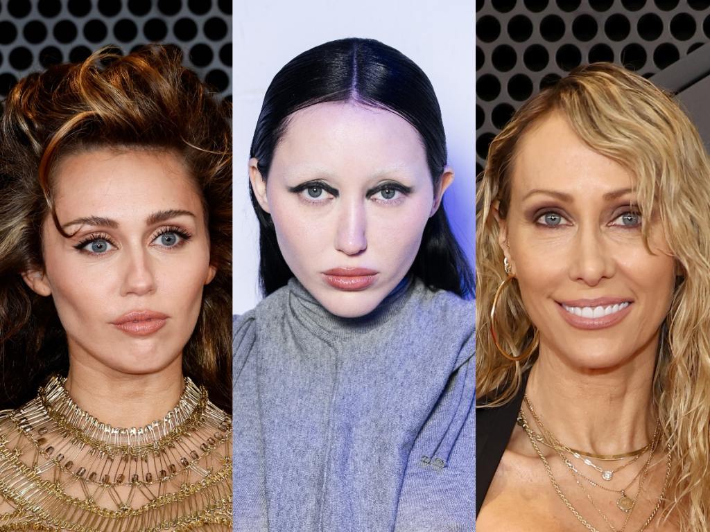 Miley Cyrus attends the 66th GRAMMY Awards looking right wearing a gold gown, Noah Cyrus attends the Ottolinger Womenswear Fall/Winter 2024-2025 show as part of Paris Fashion Week with no eyebrows wearing a grey top, Tish Cyrus attends the 66th GRAMMY Awards smiling.