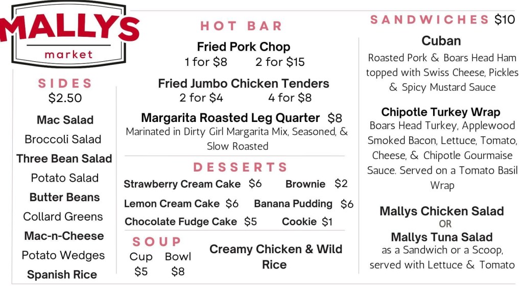 Mally's Market menu for Tuesday, May 14th